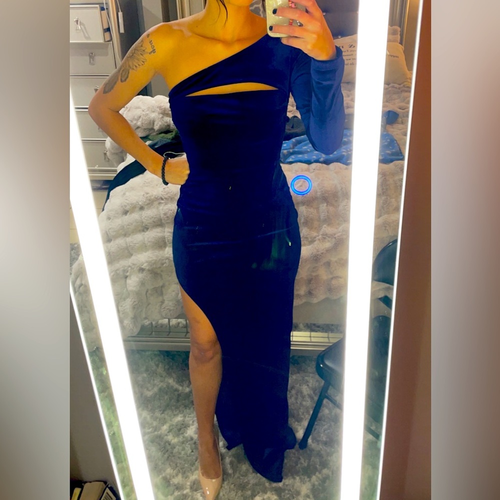 Navy blue velvet one shoulder gown